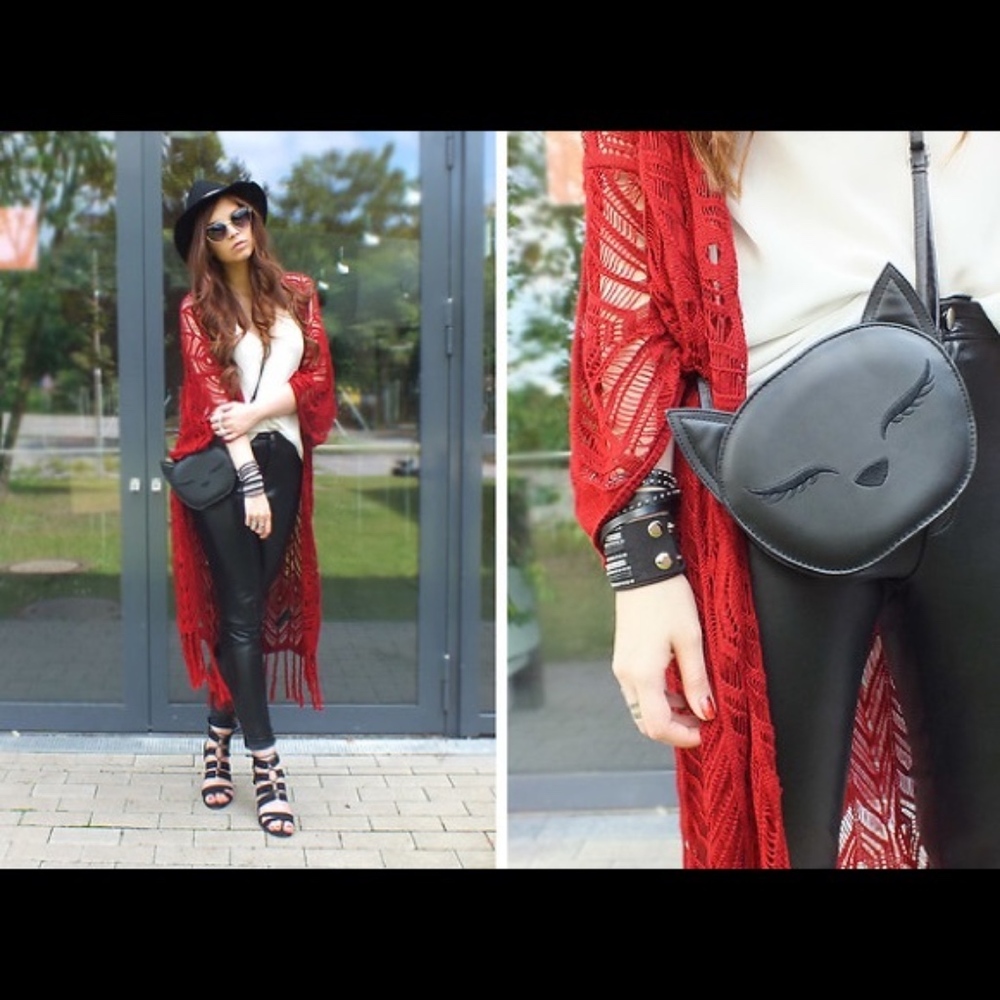 H&M Coachella Festival Open Knit Lace Duster Fringe Cardigan - Wine Red, S